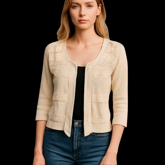 Gimmicks by BKE open front knitted/lace/crochet cream cropped cardigan  NWT sz S - Picture 1 of 8
